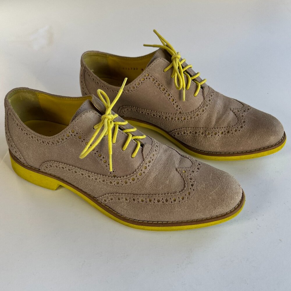 Cole Haan Lunargrand Alisa Tan Suede Yellow Trim Wing Tip Oxford Shoes Size 9